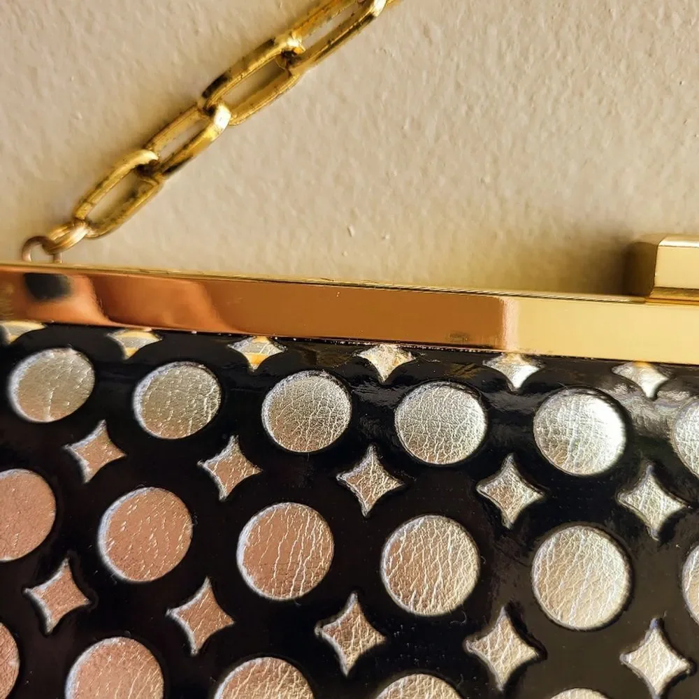 Nicole Lee Collection Black and Silver Geometric Clutch With Gold Chain